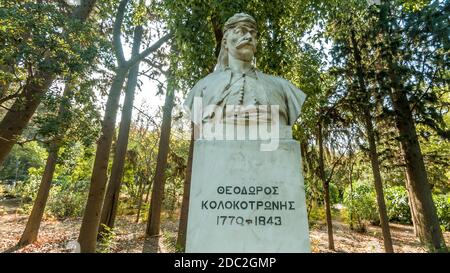 Theodoros Kolokotronis, uno dei leader più importanti della rivoluzione liberazionale greca del 1821, situato nel parco di Pedion tou Areos, ad Atene Foto Stock