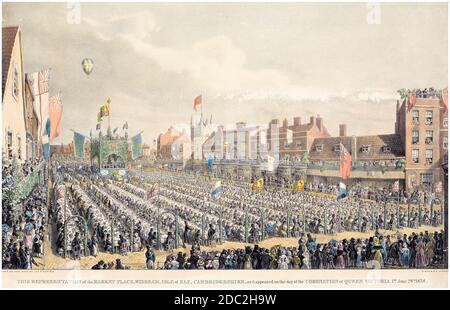 Grande Street Party per 5000 persone nel Market Place, Wisbech, Isola di Ely, Cambridgeshire, Inghilterra il 28 giugno 1838 per celebrare l'incoronazione della Regina Victoria, stampa di George Johann Scharf dopo JP Hunter, 1838 Foto Stock