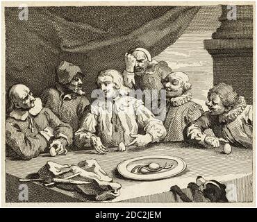 Cristoforo Colombo, spezzando l'uovo, incisione di William Hogarth, 1752 Foto Stock