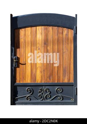 Vecchia porta d'epoca in legno con elementi in metallo isolati sfondo bianco Foto Stock