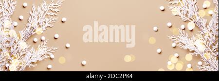 Banner di Natale o Capodanno in colori neutri. Rami di gelo bianco con bacche e luci bokeh Foto Stock