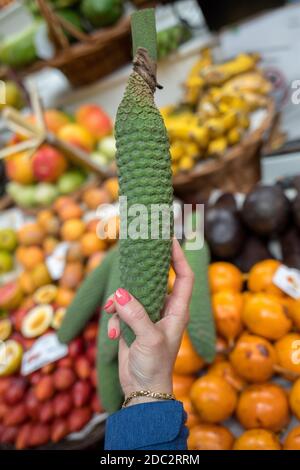 Ananas-banana frutta (Monstera deliciosa) a Mercado Dos Lavradores. Funchal, Madeira, Portogallo Foto Stock