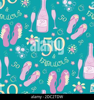 Cinquanta e favoloso sfondo vettoriale senza giunture. Lussuoso sfondo rosa, oro, blu acqua con testo, scarpe infradito, bottiglie di champagne, frizzante Illustrazione Vettoriale