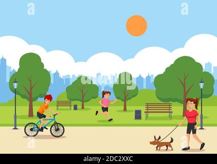 stile di vita cittadino in versione cartoon con scena di parco, illstrazione vettoriale Illustrazione Vettoriale