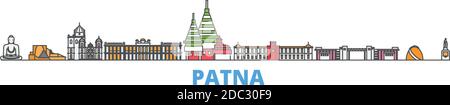 India, Patna linea paesaggio urbano, vettore piatto. Punto di riferimento della città di viaggio, illustrazione dell'oltino, icone del mondo di linea Illustrazione Vettoriale