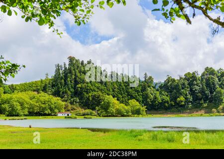 Vista panoramica del lago di Furnas sull'isola di Sao Miguel, Azzorre, Portogallo. Un'incantevole e tranquilla scena di lussureggiante fogliame e il lago in un cratere vulcanico Foto Stock