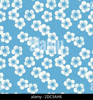 Vector motivo senza cuciture in fiore blu ciliegio giapponese con fiori disegnati a mano su sfondo blu, con texture ondulata. Natura sfondo. Disegno di ripetizione di superficie. Illustrazione Vettoriale
