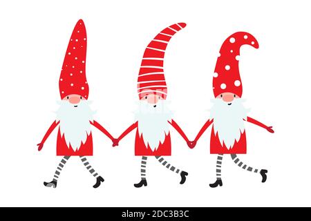 Set di simpatici gnomi di natale in simpatici cappelli e mani di tenuta. Illustrazione vettoriale degli elfi settentrionali, cartone animato nani scandinavi. Elementi xmas per Illustrazione Vettoriale