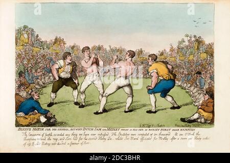 Boxe match per 200 guineas tra Dutch Sam e ben Medley, combattuto il 31 maggio 1810 su Moulsey Hurst vicino Hampton. Dopo un lavoro di Thomas Rowlandson. Il vero nome di Sam olandese era Samuel Elias. Ha vissuto dal 1775 al 1816. Fu eletto nella International Boxing Hall of Fame nel 1997. Ben Medley è poco conosciuto. Foto Stock