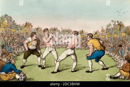 Boxe match per 200 guineas tra Dutch Sam e ben Medley, combattuto il 31 maggio 1810 su Moulsey Hurst vicino Hampton. Dopo un lavoro di Thomas Rowlandson. Il vero nome di Sam olandese era Samuel Elias. Ha vissuto dal 1775 al 1816. Fu eletto nella International Boxing Hall of Fame nel 1997. Ben Medley è poco conosciuto. Foto Stock