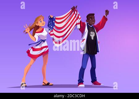 Il concetto di Black Lives Matter. Persone multirazziali con bandiera USA sulla dimostrazione contro la discriminazione razziale. Protesta di donne e uomini di pelle bianca o scura, sostegno ai diritti umani, illustrazione vettoriale dei cartoni animati Illustrazione Vettoriale