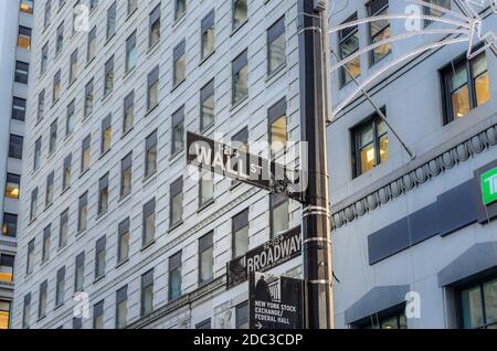 Cartelli New York City Black Street. Wall Street e Broadway Intersection. Vista ad angolo basso, edifici in background. Distretto finanziario, Manhattan, Stati Uniti Foto Stock