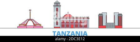 Tanzania linea paesaggio urbano, vettore piatto. Punto di riferimento della città di viaggio, illustrazione dell'oltino, icone del mondo di linea Illustrazione Vettoriale