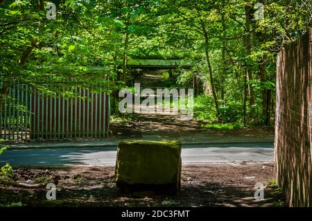 La pista della vecchia ferrovia minerale da Grange Colliery passando su Dukes Lane, parallela a Droppingwell Road a Kimberworth, vicino Rotherham. Foto Stock