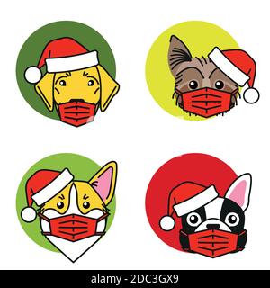 Bulldog, corgi, laboratorio, terrier in cappello santa e maschera Illustrazione Vettoriale