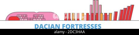 Romania, fortezze daciane, Orastie linea paesaggio urbano, vettore piatto. Punto di riferimento della città di viaggio, illustrazione dell'oltino, icone del mondo di linea Illustrazione Vettoriale