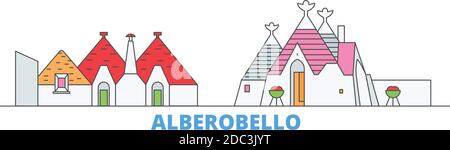 Italia, linea Alberobello paesaggio urbano, vettore piano. Punto di riferimento della città di viaggio, illustrazione dell'oltino, icone del mondo di linea Illustrazione Vettoriale