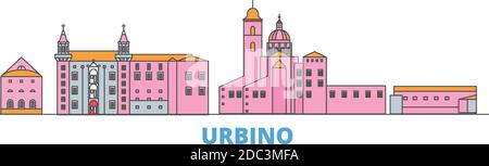 Italia, Urbino City line paesaggio urbano, vettore piano. Punto di riferimento della città di viaggio, illustrazione dell'oltino, icone del mondo di linea Illustrazione Vettoriale