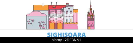 Romania, linea Sighisoara paesaggio urbano, vettore piatto. Punto di riferimento della città di viaggio, illustrazione dell'oltino, icone del mondo di linea Illustrazione Vettoriale