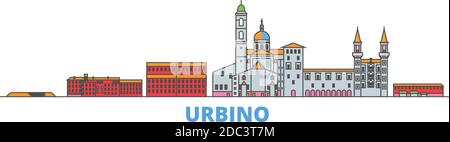 Italia, Urbino line paesaggio urbano, vettore piano. Punto di riferimento della città di viaggio, illustrazione dell'oltino, icone del mondo di linea Illustrazione Vettoriale