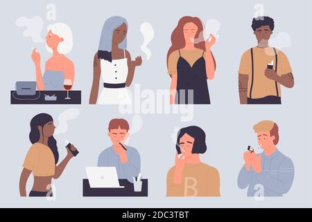 Set di illustrazioni vettoriali fumé persone. Cartone animato giovane uomo donna fumatore personaggi tossicodipendenti fumando tabacco da sigaretta o vape elettronica in ufficio o bar, unhealthy dipendenza sfondo Illustrazione Vettoriale