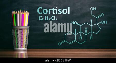 Formula chimica strutturale del cortisolo, gesso che si disegna su una lavagna. Ormone steroide, metabolismo dello stress. illustrazione 3d Foto Stock