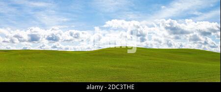 Nuvole bianche soffici e cielo blu su un enorme bello idilliaco e vibrante campo erboso verde con dolci colline in lo sfondo Foto Stock