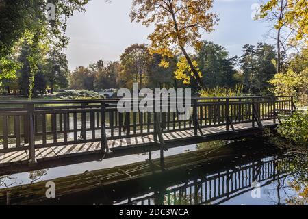 ponte all'anfiteatro nel Parco Lazienkowski chiamato anche Parco Lazienki - Terme reali, il più grande parco della città di Varsavia, Polonia Foto Stock