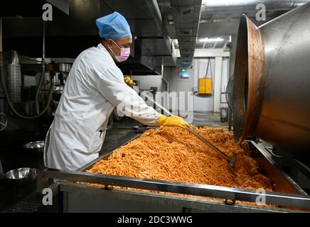 (201118) -- LIUZHOU, 18 novembre 2020 (Xinhua) -- li Yongguo controlla la marinatura di germogli di bambù sott'olio in un laboratorio di una società 'Luosifen' a Liuzhou, regione autonoma di Guangxi Zhuang, 18 novembre 2020. Li Yongguo, 41, era un coltivatore di bambù a Baise di Guangxi. Venne a Liuzhou nel 2008 e iniziò a fare germogli di bambù sottaceto come un'impresa. Più di dieci anni di esperienza nel fare germogli di bambù sottaceto lo rende abbastanza sensibile verso l'odore di germogli di bambù sottaceto. Può anche distinguere la qualità dei germogli di bambù semplicemente odorando them.Pickled bambù sparare Foto Stock