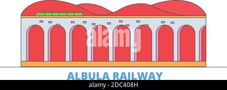 Italia, Albula linea ferroviaria paesaggio urbano, vettore piano. Punto di riferimento della città di viaggio, illustrazione dell'oltino, icone del mondo di linea Illustrazione Vettoriale