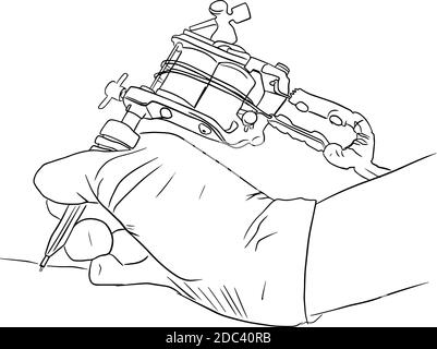 Lo schizzo di contorno della mano nel guanto fa un tatuaggio usando una macchina per tatuaggio Illustrazione Vettoriale