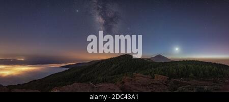 scena notturna di montagna dove si possono vedere le stelle e. il modo lattiginoso Foto Stock