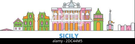 Italia, Sicilia linea di paesaggio urbano, vettore piano. Punto di riferimento della città di viaggio, illustrazione dell'oltino, icone del mondo di linea Illustrazione Vettoriale
