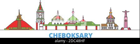 Russia, Cheboksary linea paesaggio urbano, vettore piatto. Punto di riferimento della città di viaggio, illustrazione dell'oltino, icone del mondo di linea Illustrazione Vettoriale