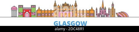 Scozia, Glasgow City line città paesaggio, vettore piano. Punto di riferimento della città di viaggio, illustrazione dell'oltino, icone del mondo di linea Illustrazione Vettoriale