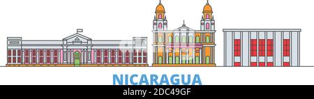 Nicaragua, linea Managua paesaggio urbano, vettore piatto. Punto di riferimento della città di viaggio, illustrazione dell'oltino, icone del mondo di linea Illustrazione Vettoriale