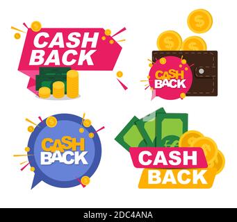 Money cashback icona incasso Set con monete oro dollaro. Illustrazione Foto Stock