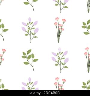 Motivo floreale senza cuciture con foglie verdi, rametto lilla, bouquet di rosa. Tessuto, ornamento di tessuto. Fiori fioriti primaverili. Illustrazione Vettoriale
