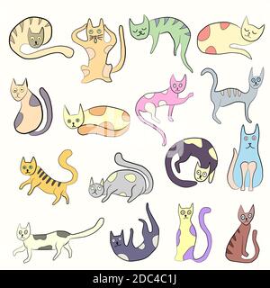 Set di strani gatti di stile primitivo divertente. Disegno a mano libera, disegno a linea, icona stile doodle. Gatti carini che esprimono diverse emozioni. Illustrazione Vettoriale