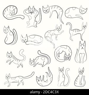 Set di strani gatti di stile primitivo divertente. Disegno a mano libera, linea d'arte, icona in bianco e nero stile doodle. Gatti carini che esprimono diverse emozioni. Illustrazione Vettoriale