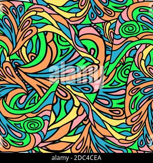 Motivo senza cuciture con elementi a dondoletta disegnati a mano. Illustrazione vettoriale in colori brillanti. Illustrazione Vettoriale