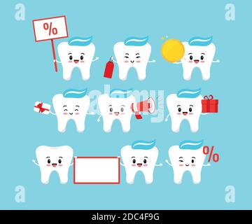 Carino sconto vendita dente e offerta dentale segno insieme isolato su sfondo. Illustrazione Vettoriale