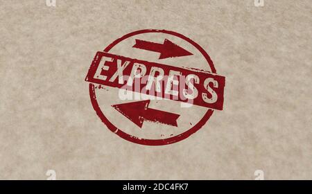 Icone Express Stamp in alcune versioni a colori. Rappresentazione 3D del concetto di consegna rapida, spedizione rapida, assistenza e trasporto rapido dei pacchetti. Foto Stock
