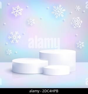 Podio bianco realistico su sfondo iridato con fiocchi di neve. Scena invernale color pastello natalizio con piedistallo a cilindro vuoto per la mostra di prodotti. Lusso Illustrazione Vettoriale