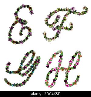 Set di elementi floreali lettere alfabetiche e, F, G, H, con foglie e orchidee fiori. Font vettoriale artistico isolato su bianco. Illustrazione Vettoriale