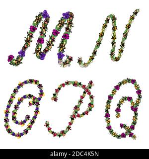 Set di elementi floreali lettere alfabetiche M, N, o, P, Q, fatte con foglie e fiori di orchidee. Font vettoriale artistico isolato su bianco. Illustrazione Vettoriale