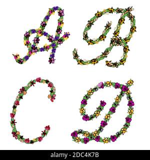 Set di elementi floreali lettere alfabetiche, A, B, C, D, con foglie e fiori di orchidee. Font vettoriale artistico isolato su bianco. Illustrazione Vettoriale