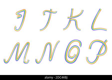 Set di lettere dell'alfabeto latino arcobaleno i, J, K, L, M, N, o, P. carattere vettoriale artistico isolato su bianco. Elementi per la progettazione. Illustrazione Vettoriale
