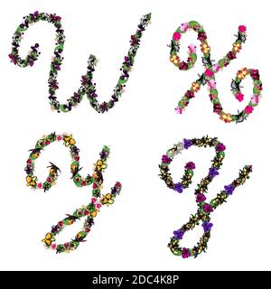 Set di elementi floreali lettere alfabetiche W, X, Y, Z fatto con foglie e orchidee fiori. Font vettoriale artistico isolato su bianco. Illustrazione Vettoriale