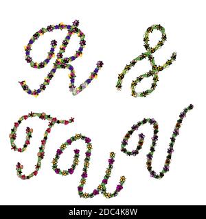 Set di elementi floreali lettere alfabetiche R, S, T, U, V, con foglie e fiori di orchidee. Font vettoriale artistico isolato su bianco. Illustrazione Vettoriale